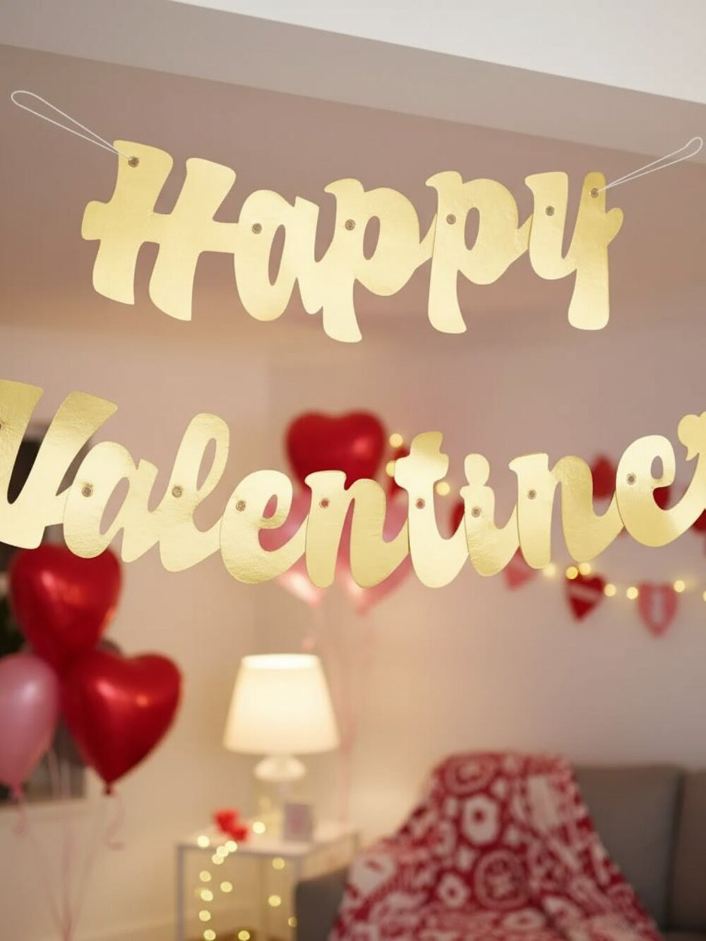 Gold Script Happy Valentine's Day Banner 2pc Cursive Garland Party Decoration